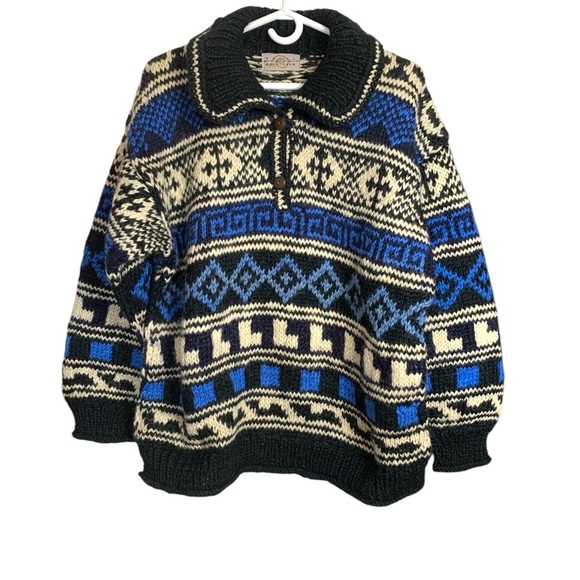 Blue, Cream and Black Patterned Sweater, Heavy, 100% wool, Oversize - Picture 1 of 10